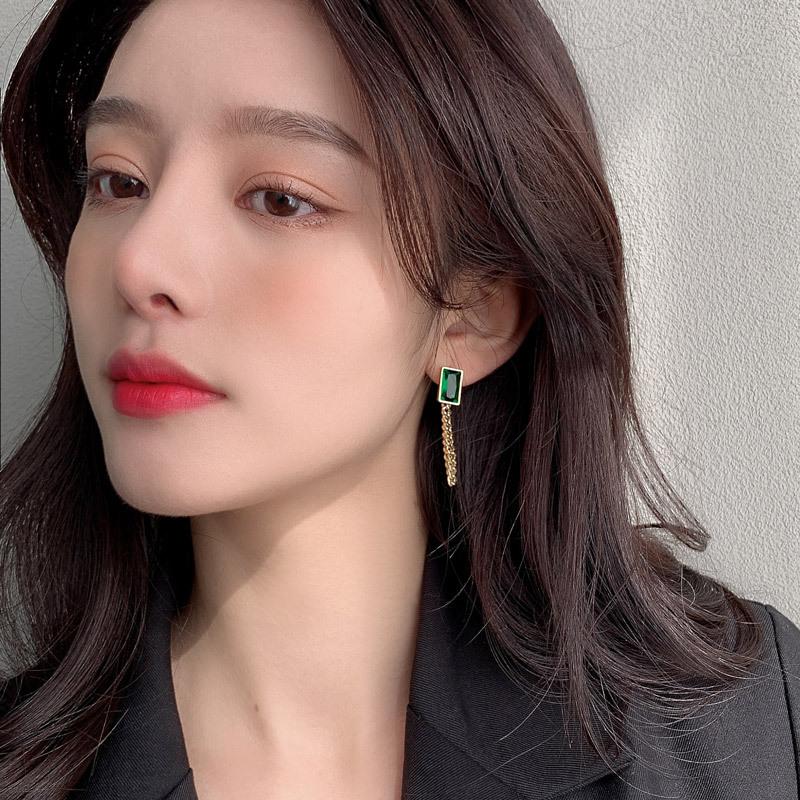 Ramos New Classic Geometric Rectangle Green Crystal Stainless Steel Chain Tassel Earrings Girl's Unusual Accessories For Woman