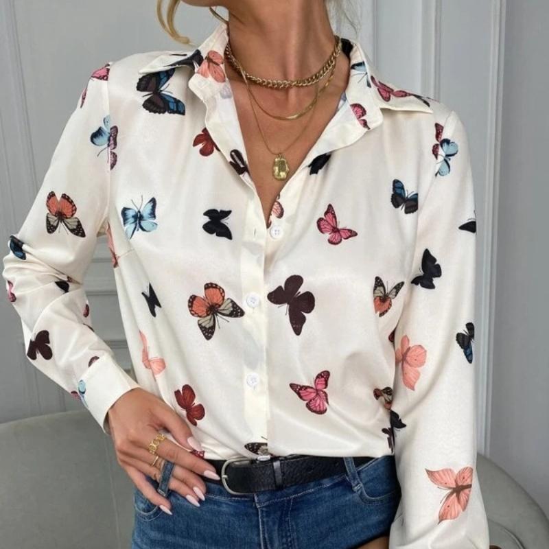 Fashion Butterfly Printed Long Sleeve S-5XL Loose Shirts Women Vintage Single Breasted Plus Size Blouse Women Elegant Lapel Office Blouse Tops 26247
