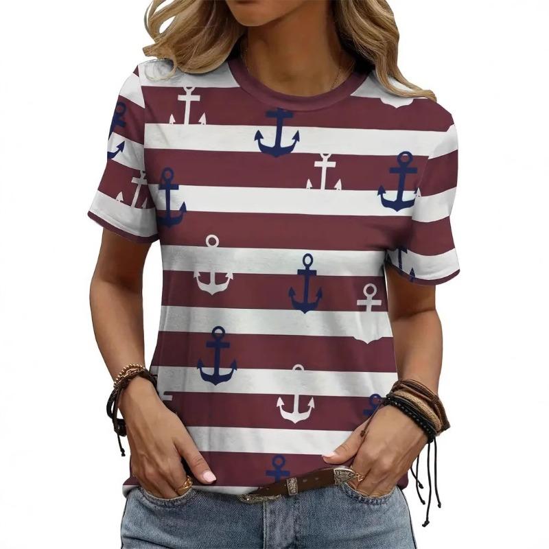 Stripe Color Blocked Digital Printing Fashion Trend Versatile Summer Women's Short Sleeved Round Neck T-shirt