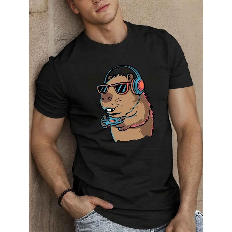 

European sizes Men S Summer T-Shirt Featuring a Capybara with Headphones Playing a Video Game. 4XL чорний