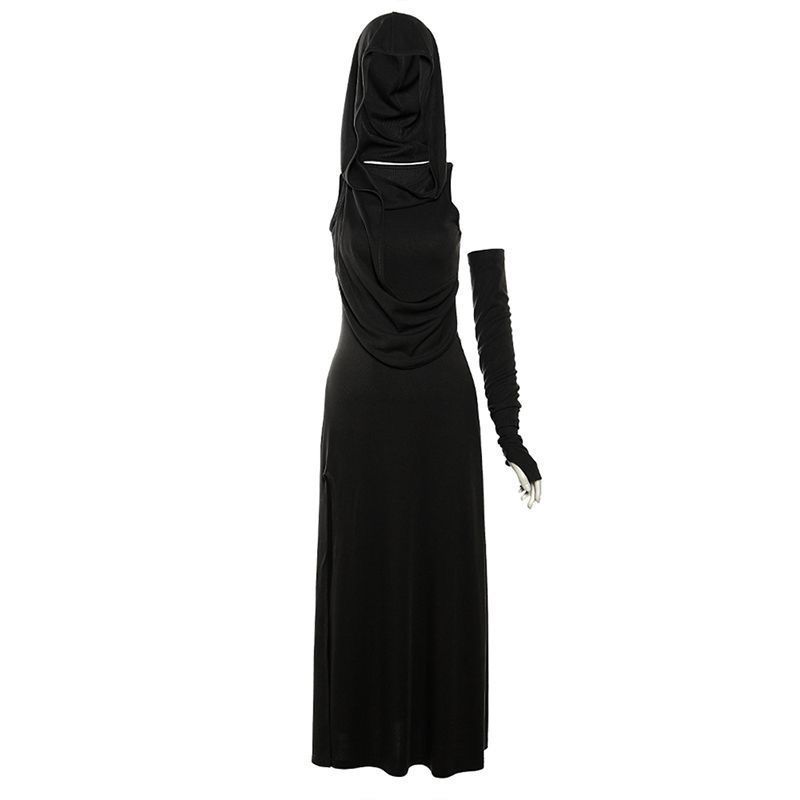 

Wasteland retro design pleated hooded dress slim and thin split temperament Spice girl long dress ins tide S recommend 40-50kg