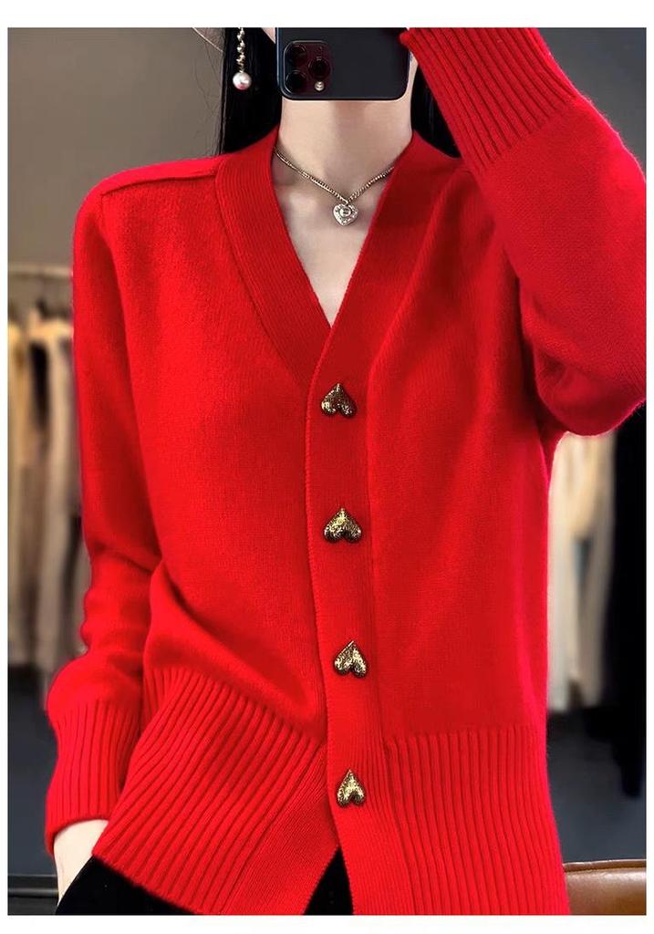 Chic Knit Cardigan: Solid Color V-Neck with Heart-Shaped Buttons, Long-Sleeve, Loose Fit Sweater Coat for Autumn/Winter