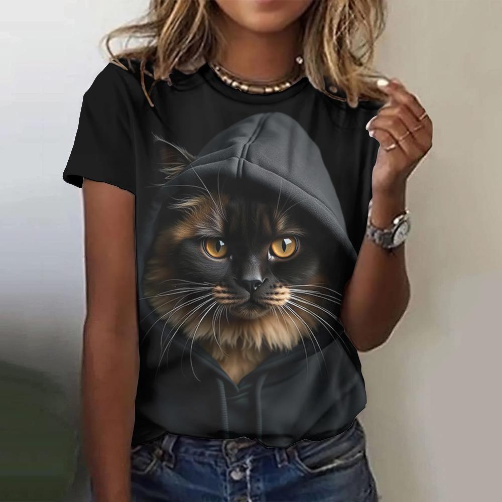 

Летняя женская повседневная футболка с 3D-принтом кошки, с коротким рукавом, модная уличная одежда, пуловер с круглым вырезом, оверсайз 2XL