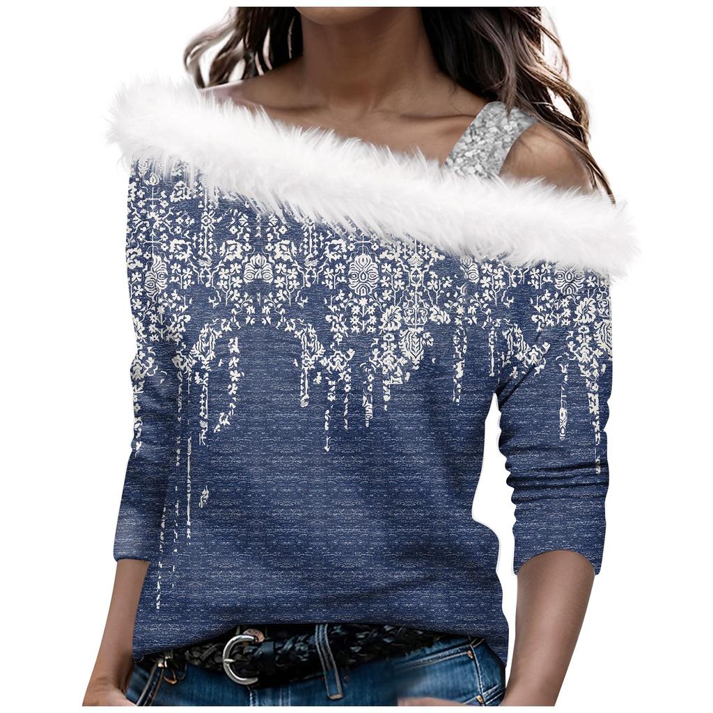 Women's And Winter Long Sleeved Single Shoulder Strap Printed Pullover Top