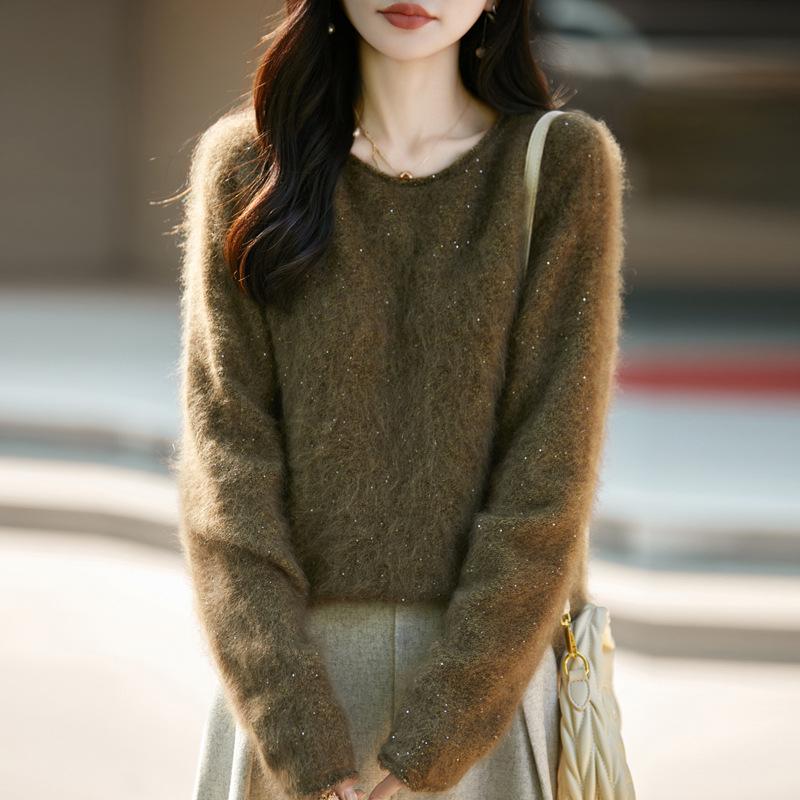 Women's Plus Size Korean Style Marled Yarn Cashmere Wool Sweater - Loose Fit, Brushed, Round Neck