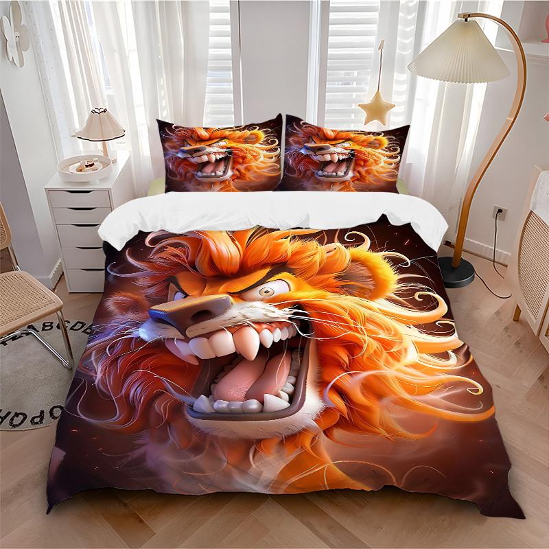 3pcs Lion Head Bedding Set - 1 Duvet Cover + 2 Pillowcases(Core Not Included), Machine Washable Polyester yy251216120