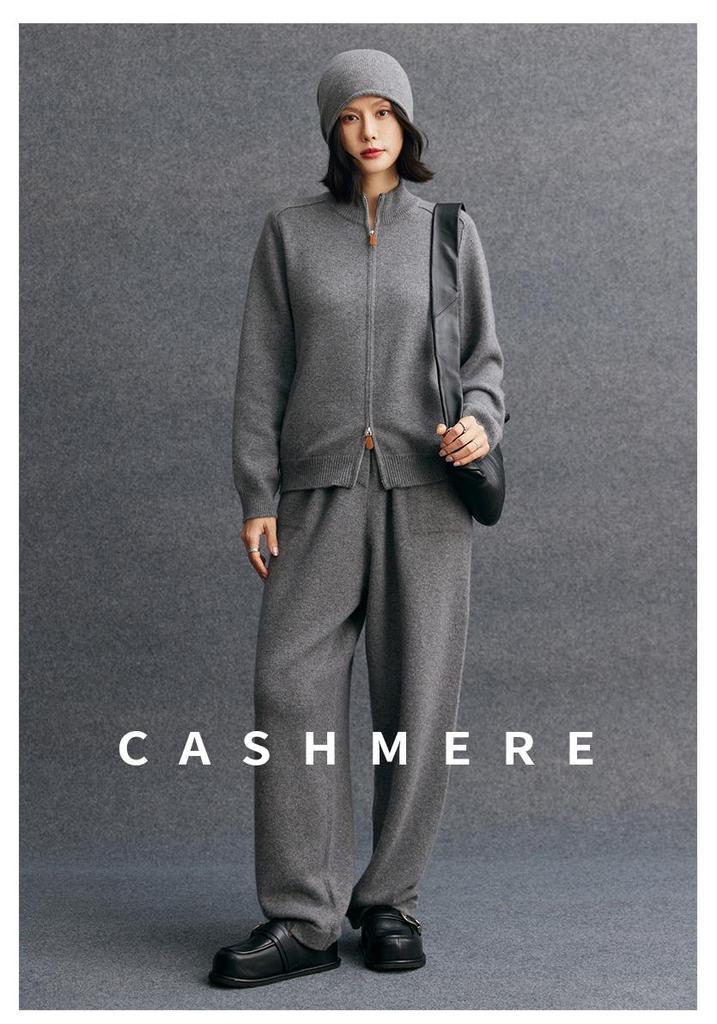 2025 Autumn/Winter Women's Cashmere Half-High Collar Cardigan with Double Zipper Pockets