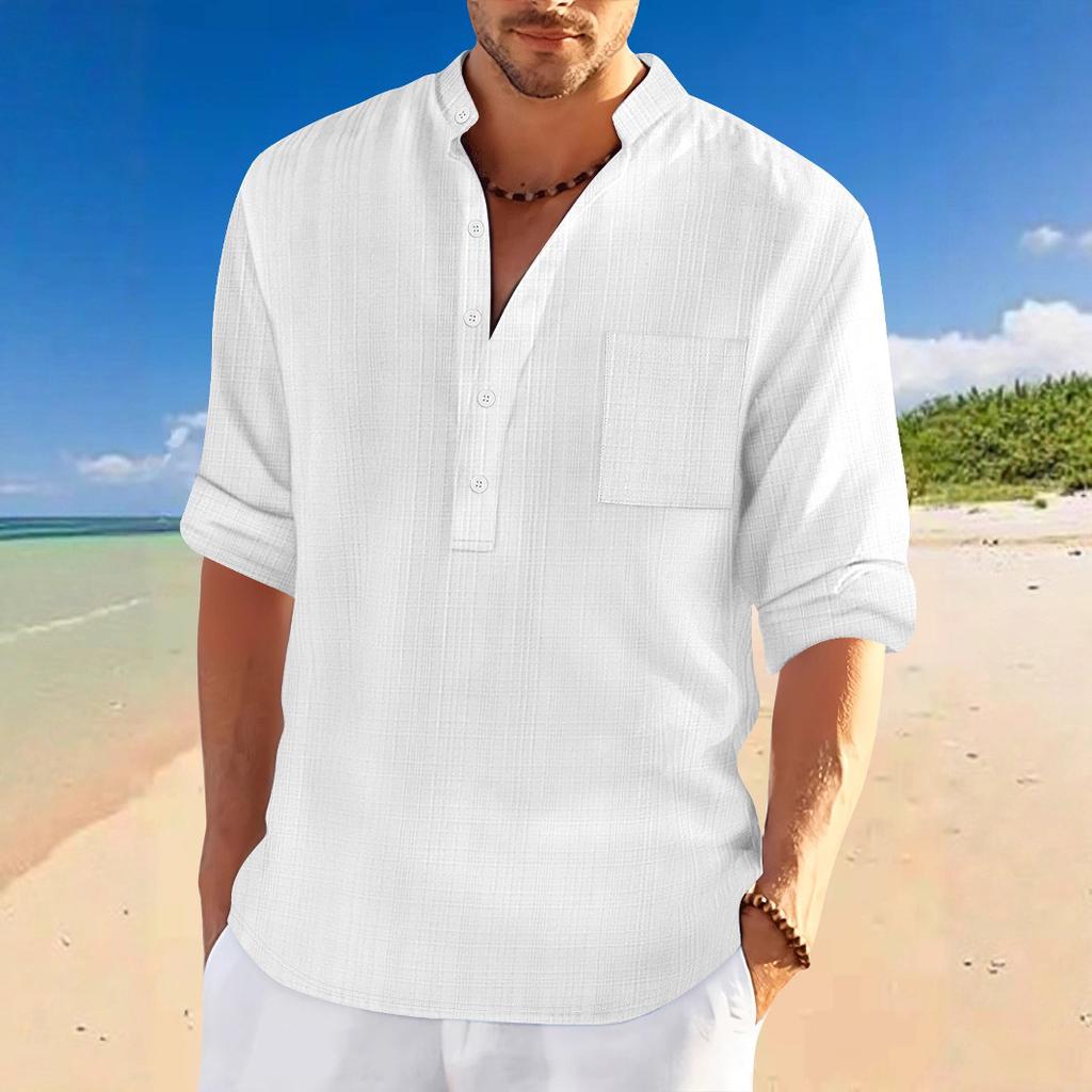 Men's Stand Collar Bamboo-Weave Linen-Look Long-Sleeved Shirt Loose-Fit Casual Henley Top