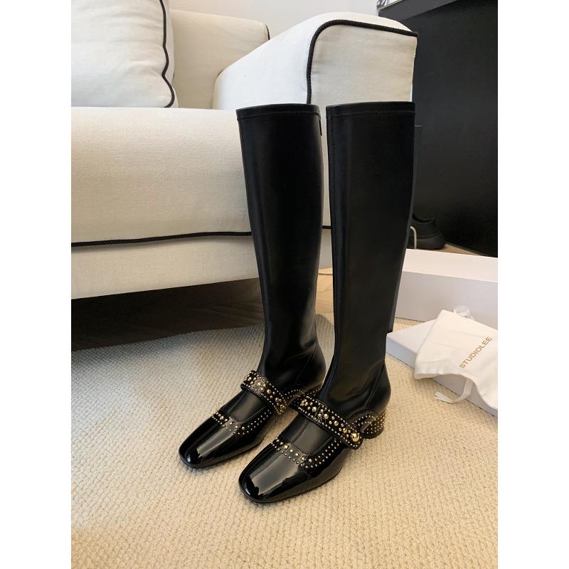 Temperament Small Square Head Rivet One Word Knight Boots Thick Heel Skinny Ankle Boots Long Boots Women