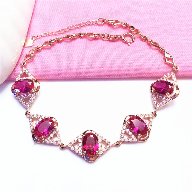 

Позолоченный розовым золотом Чистый 585 Пурпурное золото Красный камень Яйцо Поверхность Браслет Благородный Циркон Женские украшения