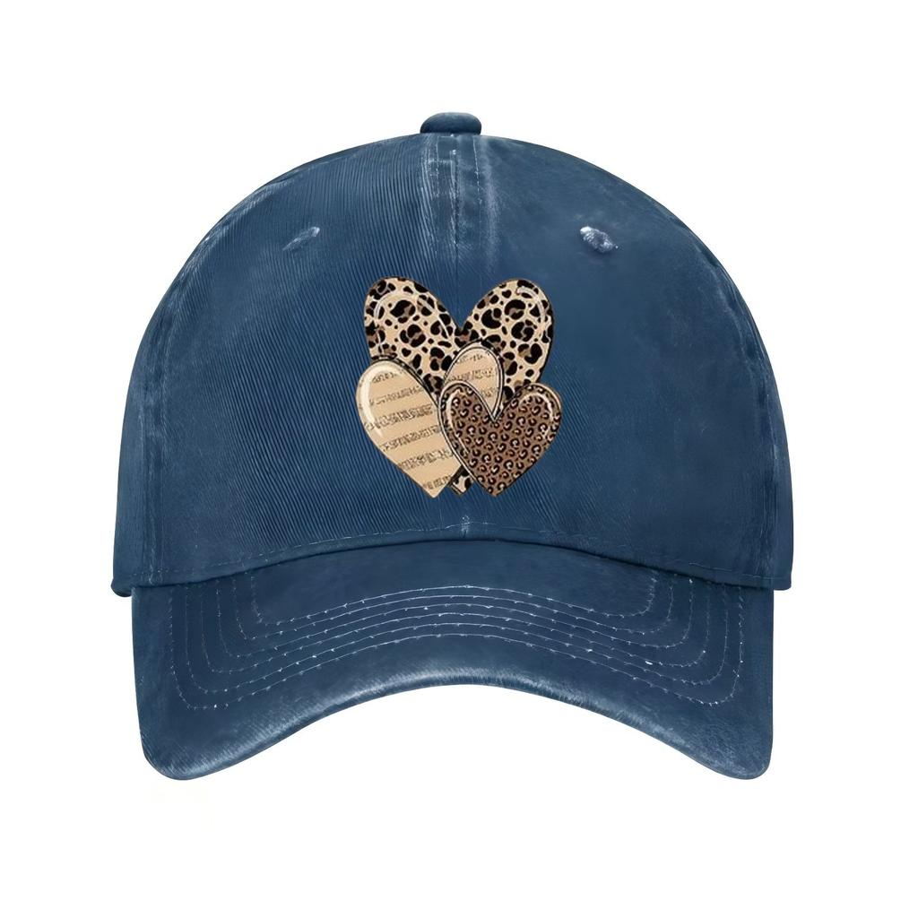 Leopard Print Hearts Baseball Cap Unisex Adjustable Cotton Casual Wash Style Summer Sun Hat