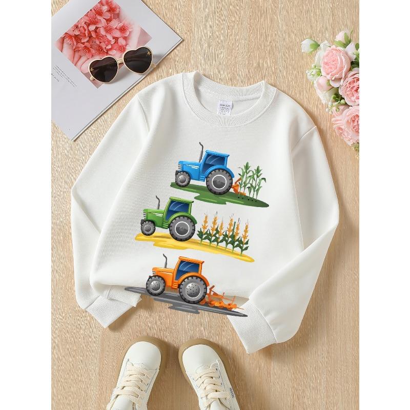 Felpa alla moda girocollo per bambini, Stampa con scena di trattore agricolo, Abbigliamento sportivo casual per primavera e autunno