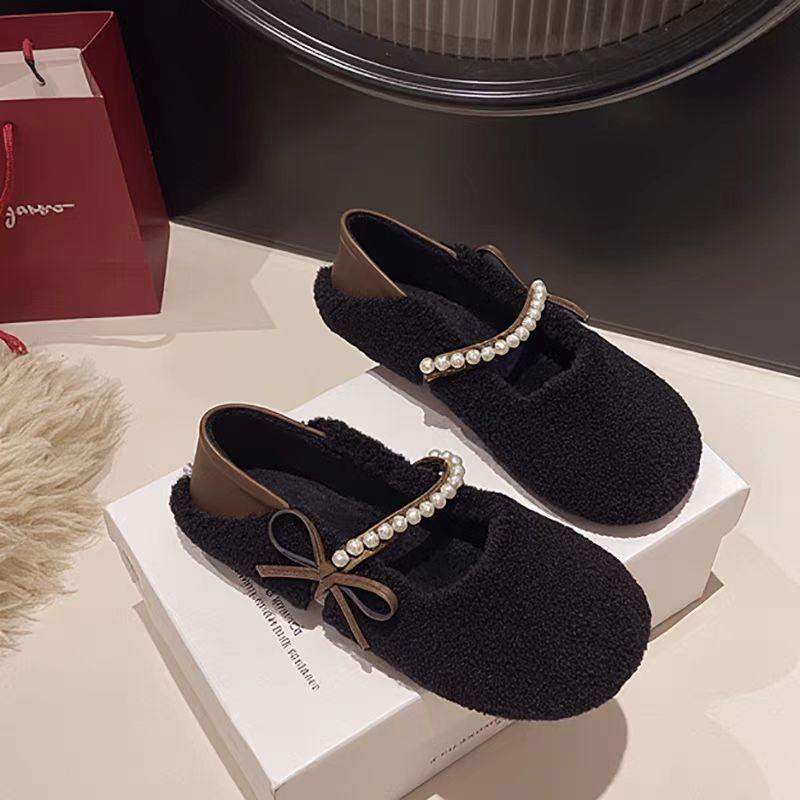 Korean Style Pearl Bow Faux Fur Loafers for Women - Autumn 2025