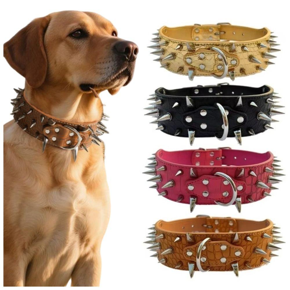 Anti-bite Spiked Dog Collars Adjustable Widen PU Leather Pet Necklace Heavy Duty Sharp Rivets Pet Collar Outdoor Dog Walking