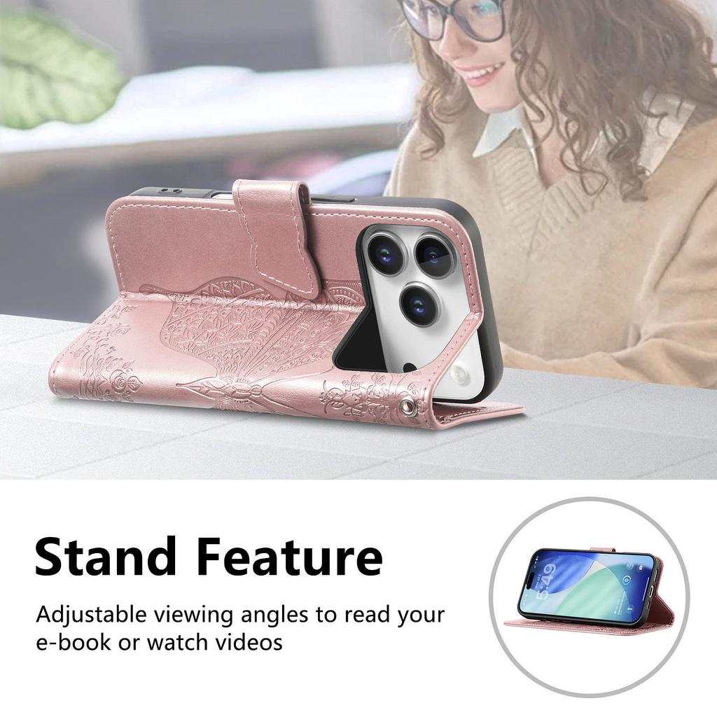 For iPhone 17 Pro Case 3D Rhinestone Decor Butterfly Flower Leather Phone Cover with Wrist Strap