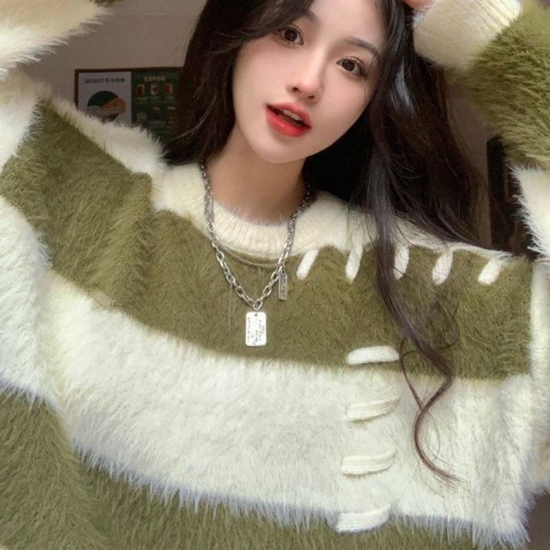 Lazy Style Design Plush Knit Sweater Top for Autumn and Winter Women Thick Mink Fur Striped Sweater