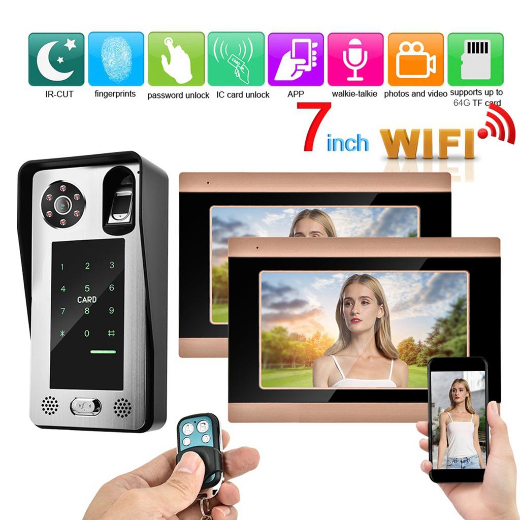 7inch WiFi Wired Video Doorbell APP Remote Video with 1 Camera 2 Monitors