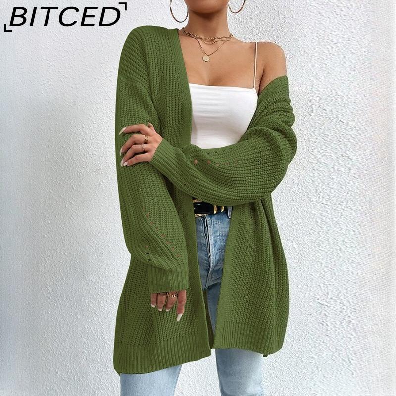 

BITCED Autumn/Winter Oversized Mid-Length Cardigan Knitwear V-Neck Solid Colour Knit Top XL зелёный
