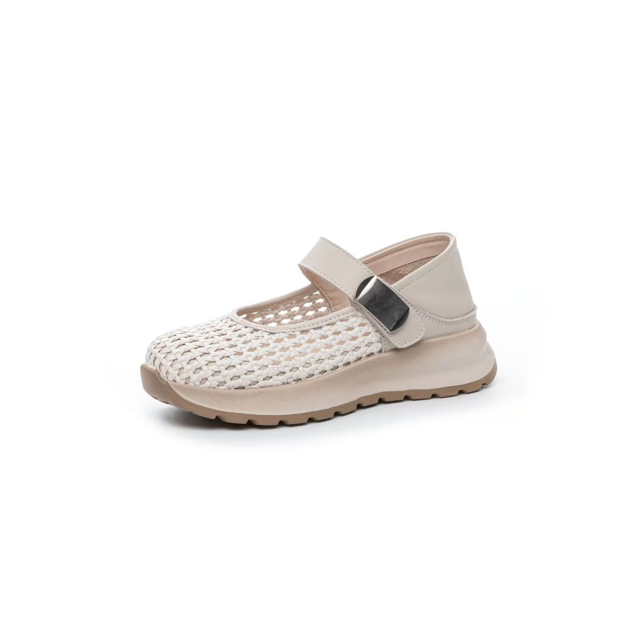 

Baotou sandals women s summer new first-layer cowhide thick-soled woven hollow belt buckle Mary Jane casual shoes 38 бежевий
