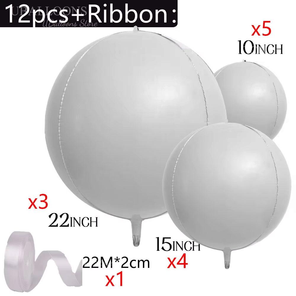 12pcs Silver 4D Balloons with Ribbon 22/15/10Inch Metal Silver Round Foil Hanging Balloon for Happy Birthday Wedding Party Decor