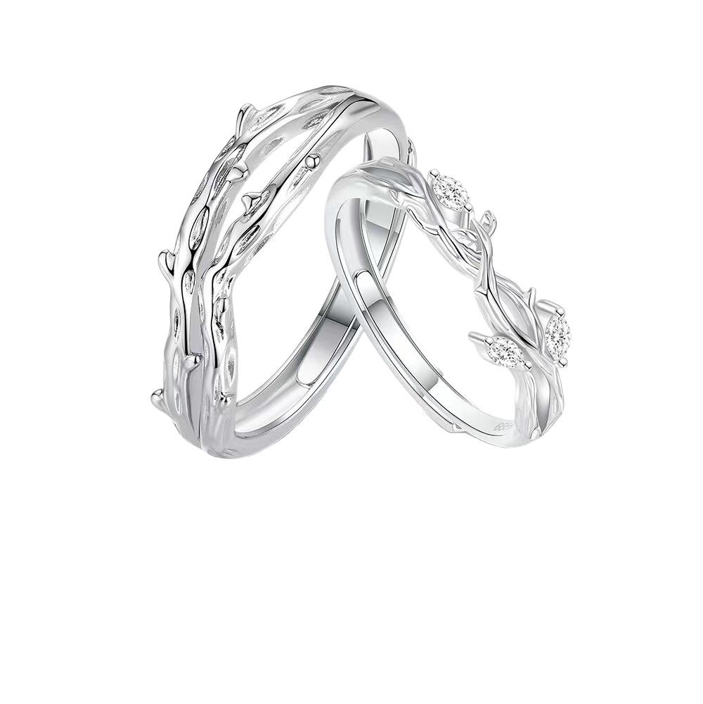 Customized Silver-Plated Linked Branch Couple Rings - Unique Christmas Gift for Girlfriend/Boyfriend