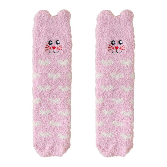 Fluffy Winter Crew Socks Cute Animal Embroidery Warm Socks Thick Fuzzy Plush Bear Cat Thermal Socks for Women Sleep Home Lounging