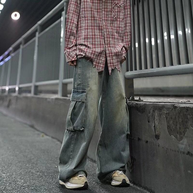 

Мужские ретро джинсы широкого кроя выстиранного голубого цвета с 3D карманами - Американская высокая уличная мода L синий