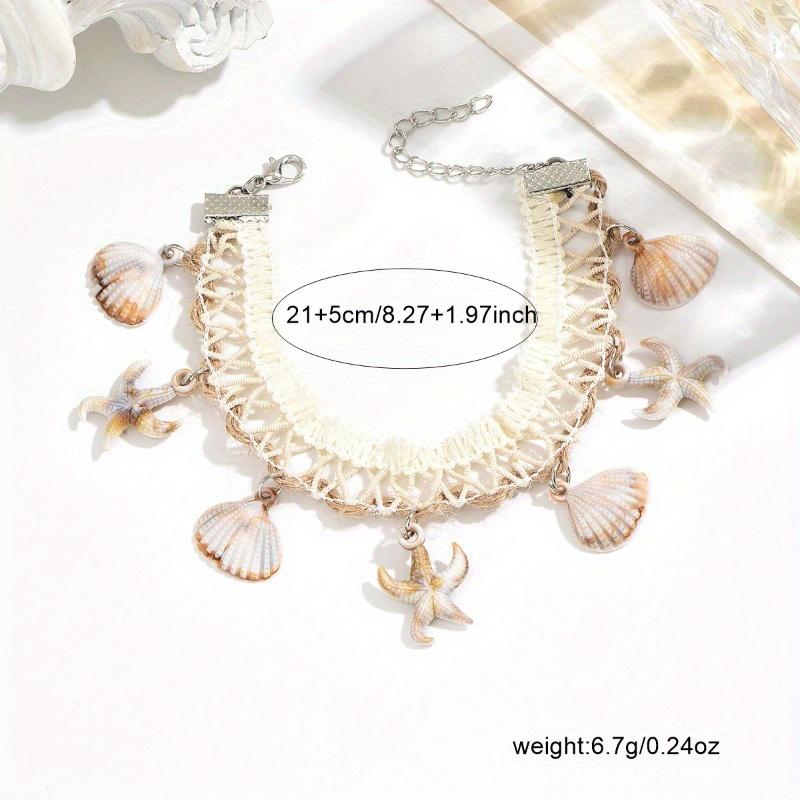 Boho Handcrafted Woven Anklet Seashell Starfish Tassel Foot Chain Bracelet for Women Beach Vacation
