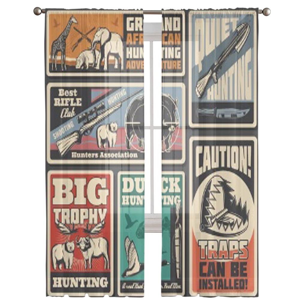 Animaux Et Armes De Chasse Sportive Affiches Rétro Vectorielles Rideaux Voilages Transparents Pour Salon Décoration Intérieure Rideau Voile Organza