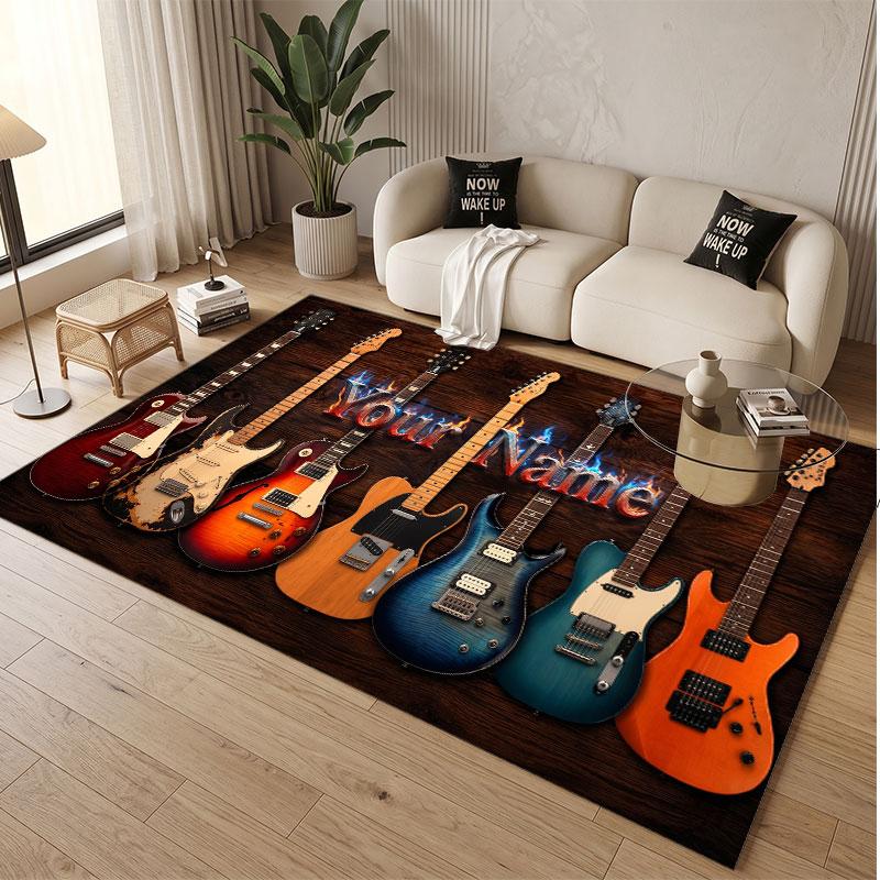 Music Guitar Theme Soft Crystal Velvet Rug Custom Name & Text Print Non Slip Floor Rug for Bedroom Living Room