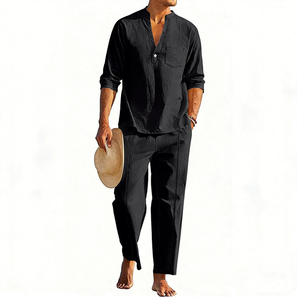 Mens Linen Hawaii Vacation Casual Outdoor Long Sleeve Shirt Straight Long Pants Set