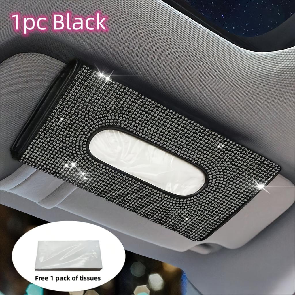 1pc Car Tissue Box, Car Sun Visor Tissue Storage Box, Glitter Rhinestone Tissue Bag, PU Leather Artificial Crystal Tissue Box