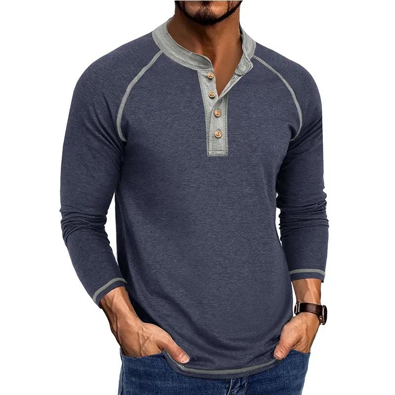 Men's Long Sleeve Henry Neck T-Shirt Fashion Sports Business Casual Tees Tops Man