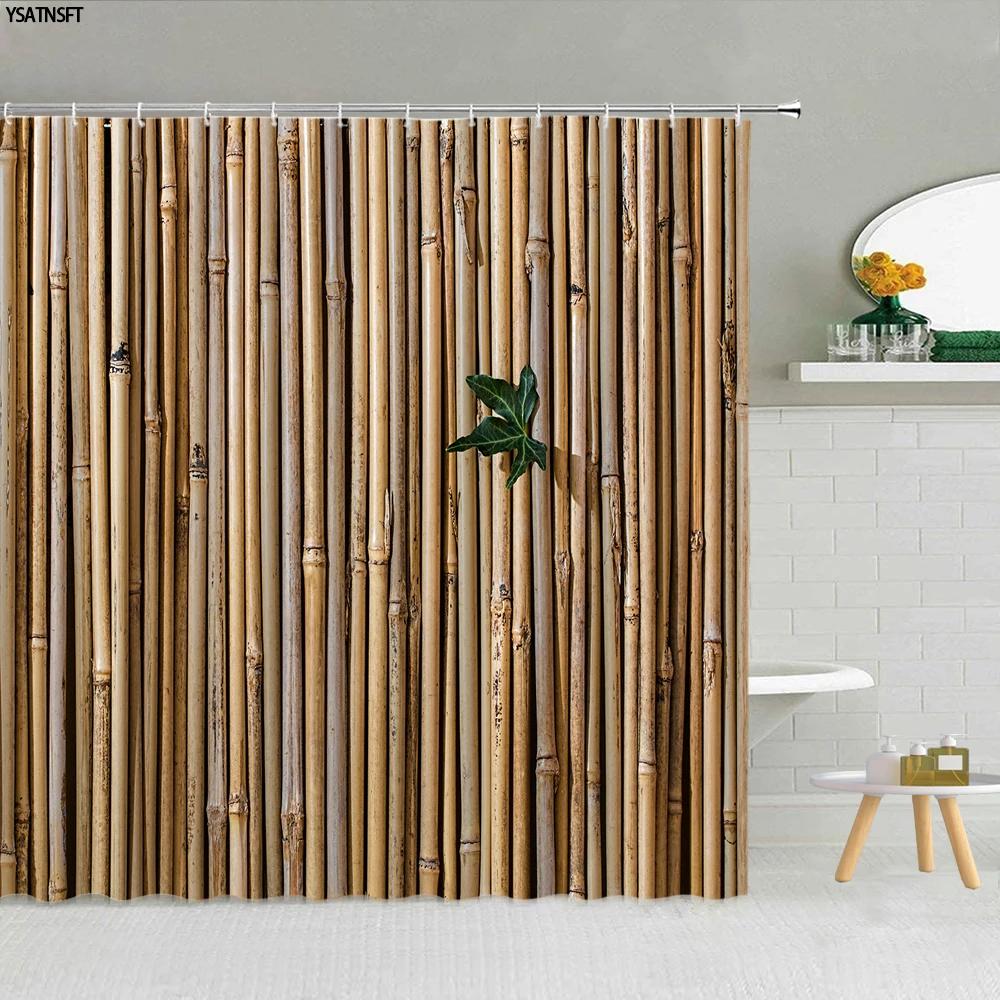 Yellow Green Bamboo Lotus Shower Curtain Bathroom Curtains Plant Flower Natural Scenery Fabric Background Wall Decor Screen Hook