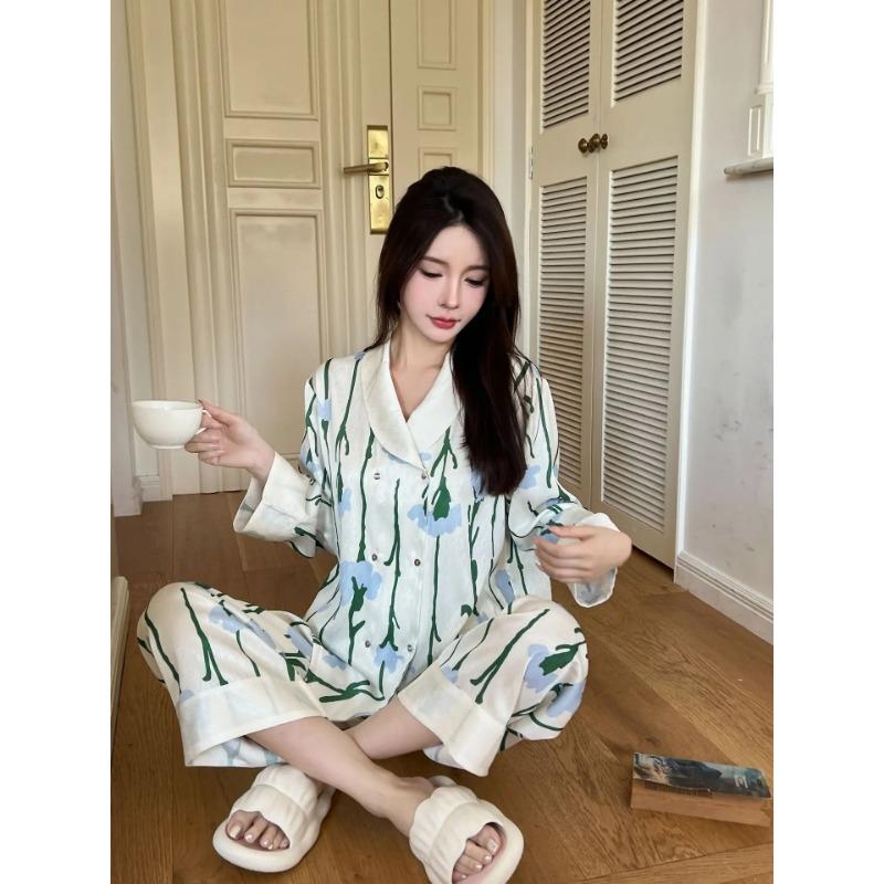 

Весна и осень Новый елочка Ice and Snow Шелковые брюки с длинными рукавами Пижамный комплект XL