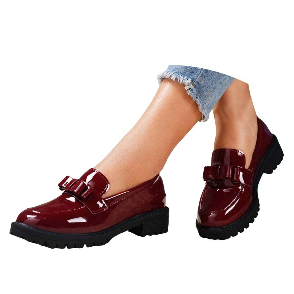 Damen Sommerschuhe Damenmode Glänzendes Leder Loafer zum Hineinschlüpfen Retro Mittelhoher Absatz Einfarbig Freizeitschuhe Schuhe für Frau