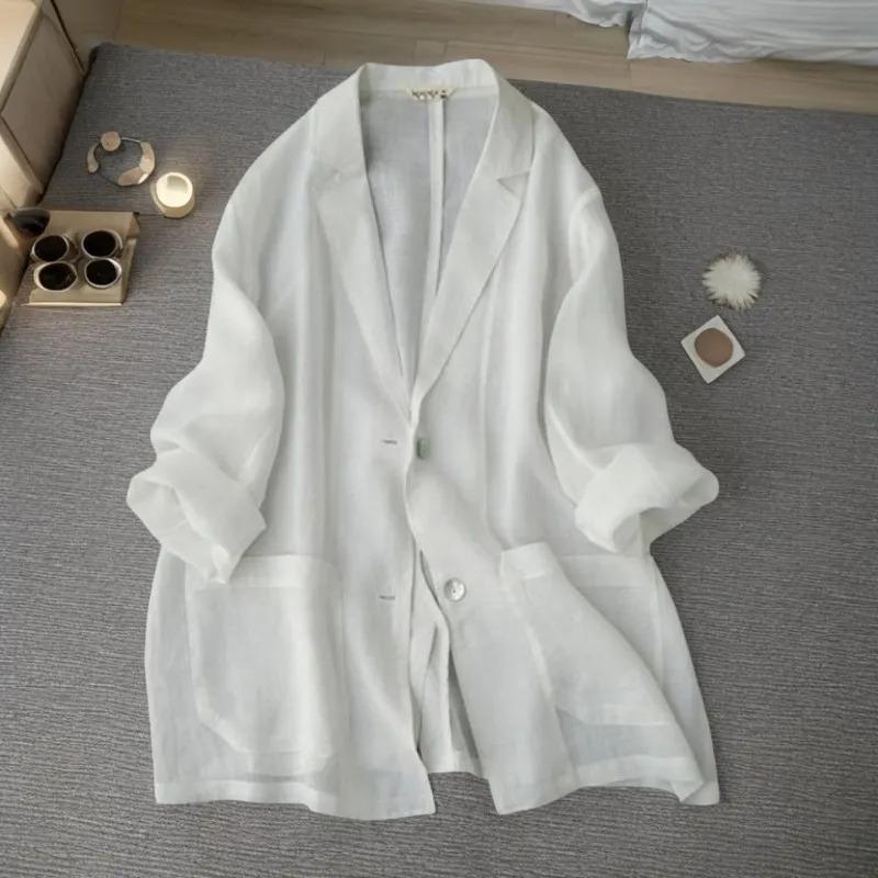 

Women Summer White Linen Blazer Pockets Breathable Cardigan M белый