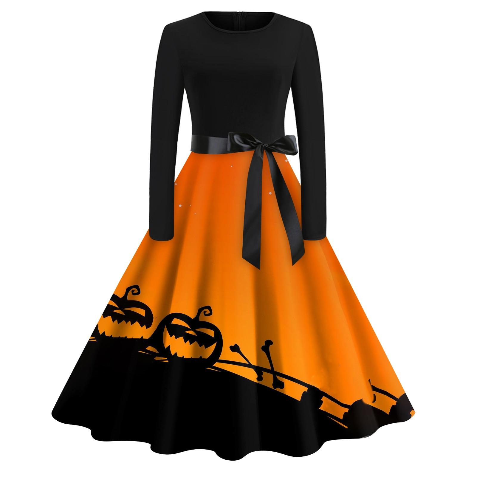 

Женское платье с расклешенным принтом на Хэллоуин с длинным рукавом и круглым вырезом, вечерние повседневные платья XXL оранжевый