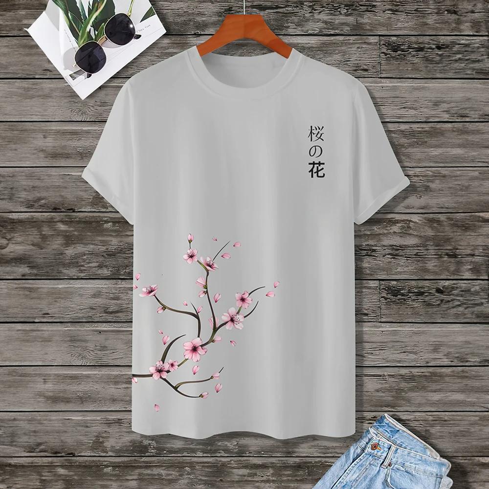 Cherry Blossom Pattern Japanese Men's T-shirt Chinese Style 3D Plum Blossom Calligraphy O Neck Tops Street Casual Unisex Tees