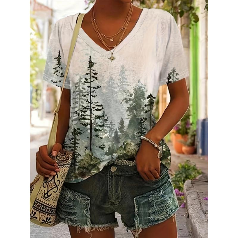 

Women S Fashion Spring Summer New Women S Clothing, Casual Style, Random Ink Forest Print V-Neck Short Sleeve S