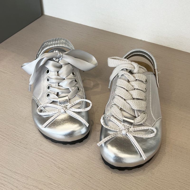 

Bow two wear casual sandals women s summer thick-soled buckle with silver round head outside wear casual single shoes 35 серебряный