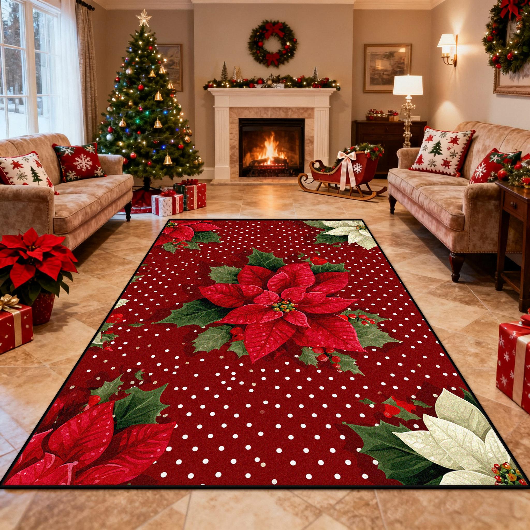 

Red Christmas Poinsettia Candy Soft Living Room Carpet Decoration Bedroom Fireplace Washable Rug Antiskid Short Velvet Floor Mat 60x90cm