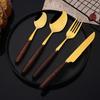 6People Stainless Steel Dinner Gold Imitation Wooden Handle Dinnerware Knife Coffee Spoon Fork Cutlery Set Tableware Silverware