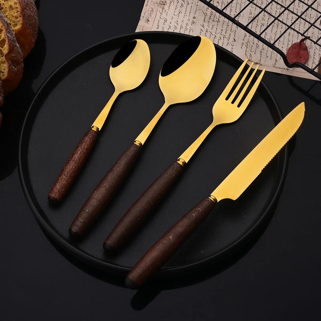 6People Stainless Steel Dinner Gold Imitation Wooden Handle Dinnerware Knife Coffee Spoon Fork Cutlery Set Tableware Silverware