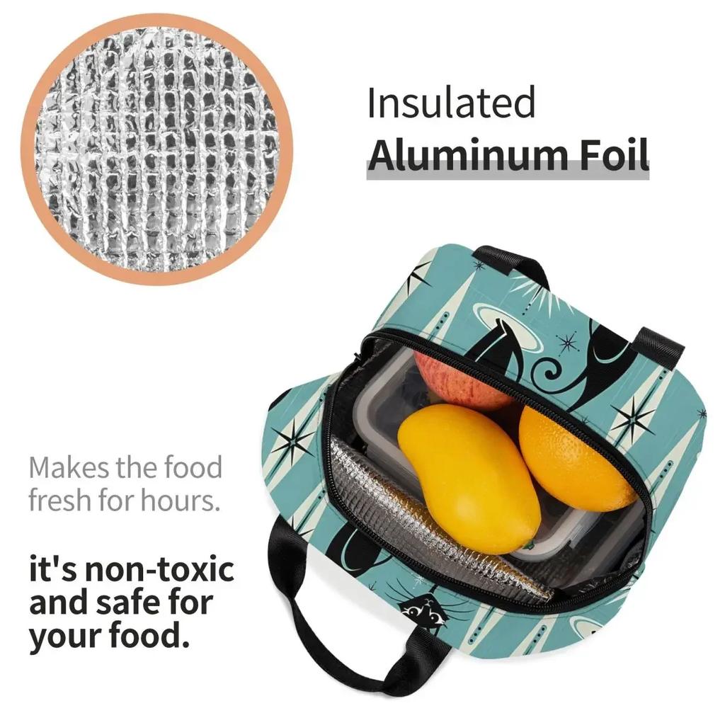 Mid Century Meow Pattern Cooler Lunch Box Catzilla Monsters Kitten Mountaineering Thermal Insulation Portable Food Bag