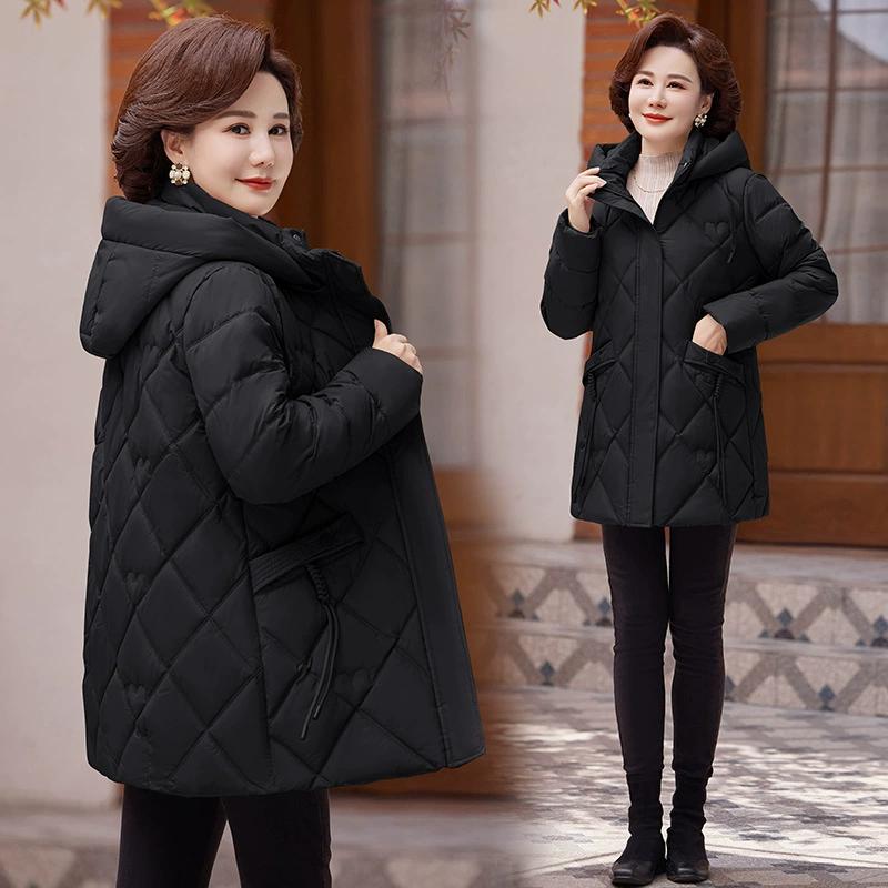 

Осень и Зима Пальто для Женщин Среднего Возраста Элегантные Теплые Зимние Парки Свободная Верхняя Одежда Женские Куртки с Капюшоном XXXXL чёрный