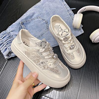 CRLAYDK 2024 Summer Women's Lace Jacquard Mesh Sneakers Platform Lace Up Cute Walking Skateborad for Lady Casual Tennis Flats