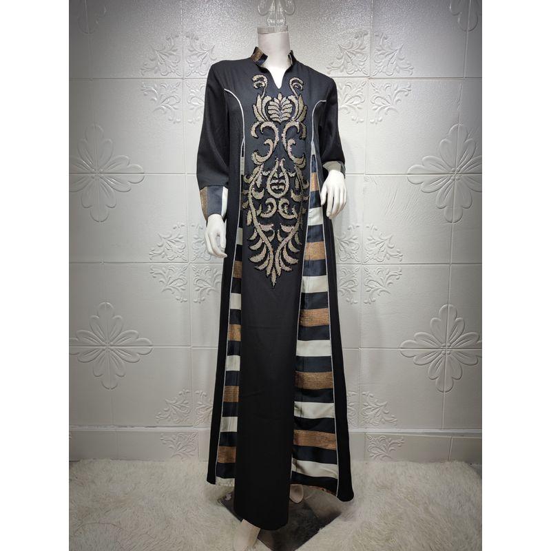 

New Arrival Ethnic Style Embroidered Stripes Dress Party Dress Embroidered Stripe Dress Black XL
