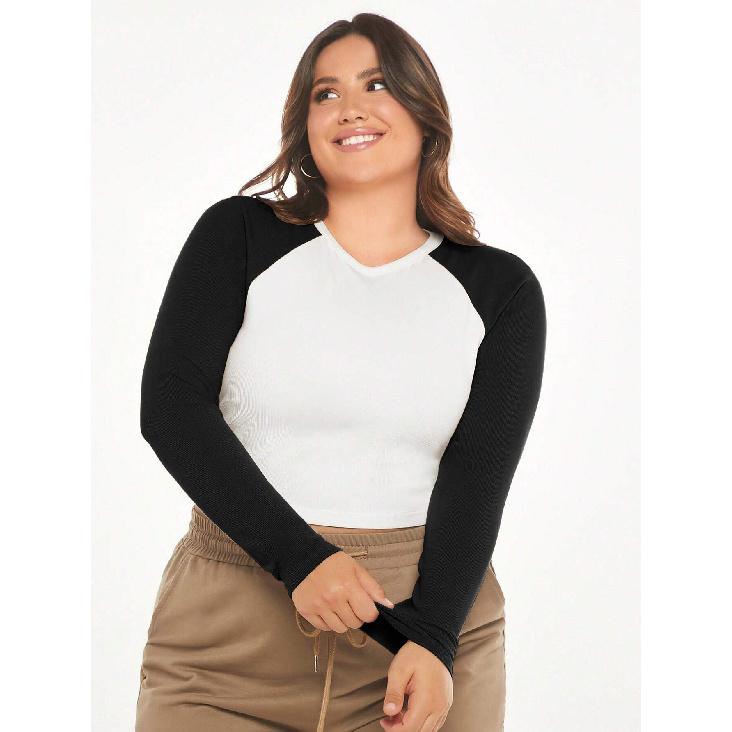 

Plus Size Women s Slim Fit Round Neck Short Spliced Color-Block Long Sleeve T-Shirt Top 1XL чорний