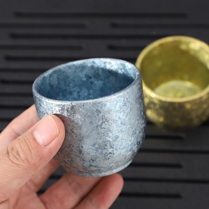 New Style Pure Titanium Double-Layer Small Teacup with Crystal Ice Flower Design